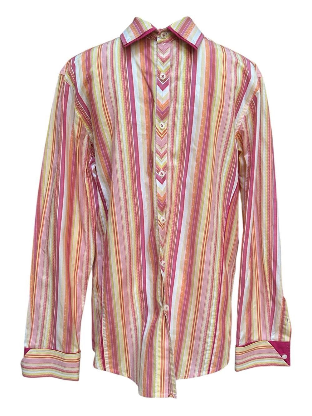 Men’s Orange Pink Vertical Striped Button Down DBL Collar Dress Shirt Md 15-15.5